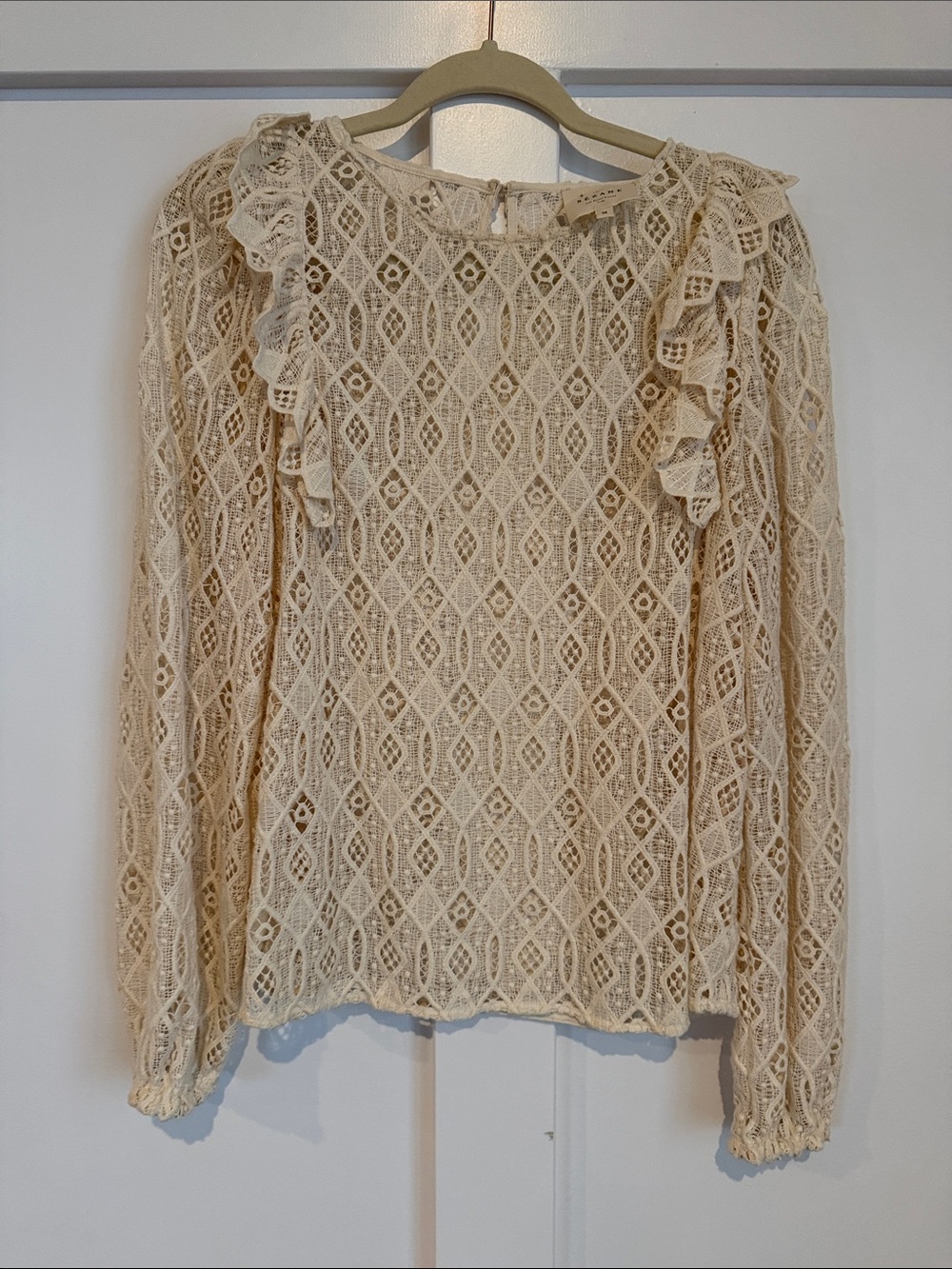 Sezane Salina Lace Blouse | Cream Lace Ruffle Long-Sleeve Top | EU 38